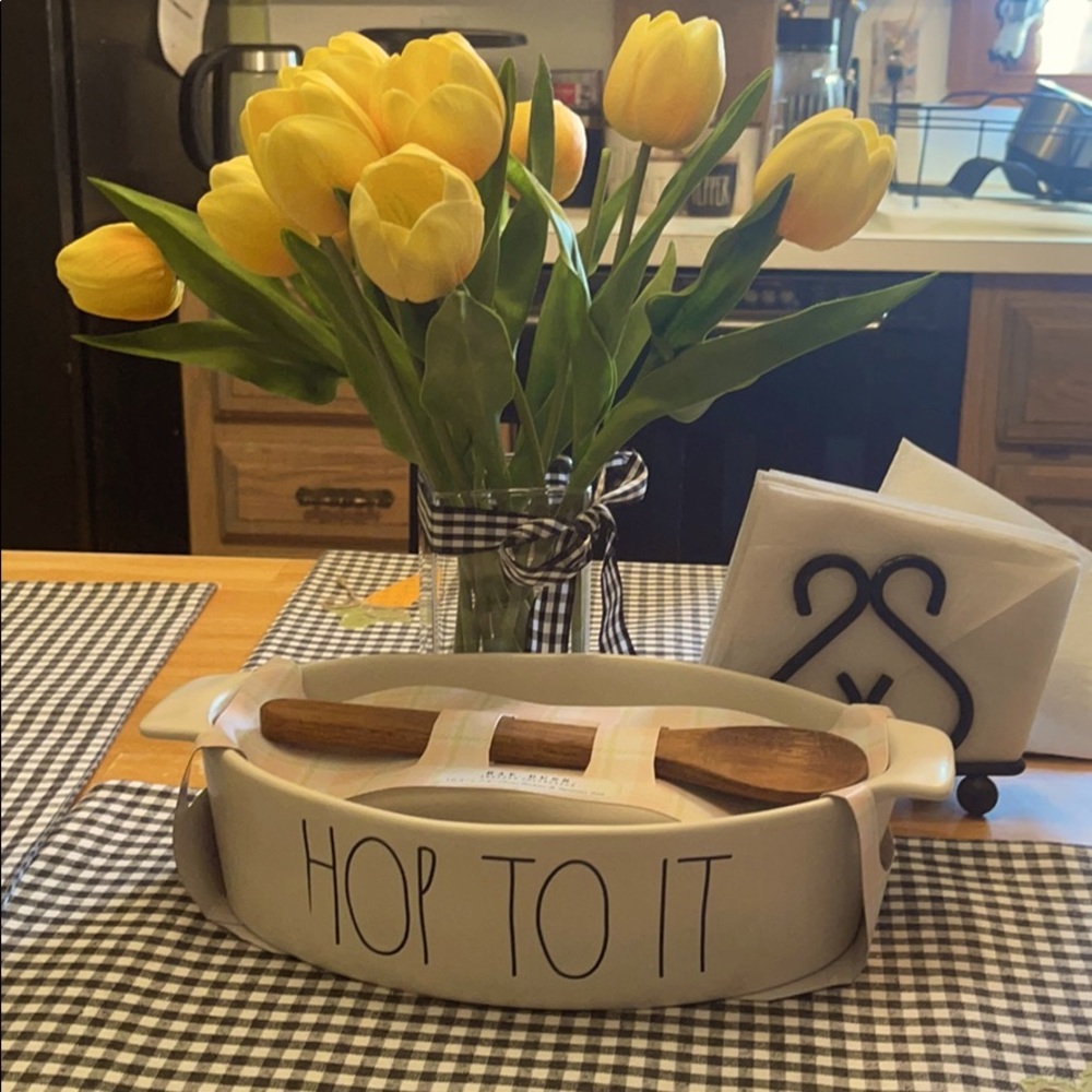 Rae Dunn Hop to it, bake dish with wooden spoon.